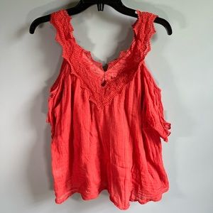 Love Sam Orange Cold Shoulder Deep Double V neck Cotton Gauze Bohemian Top Sz S